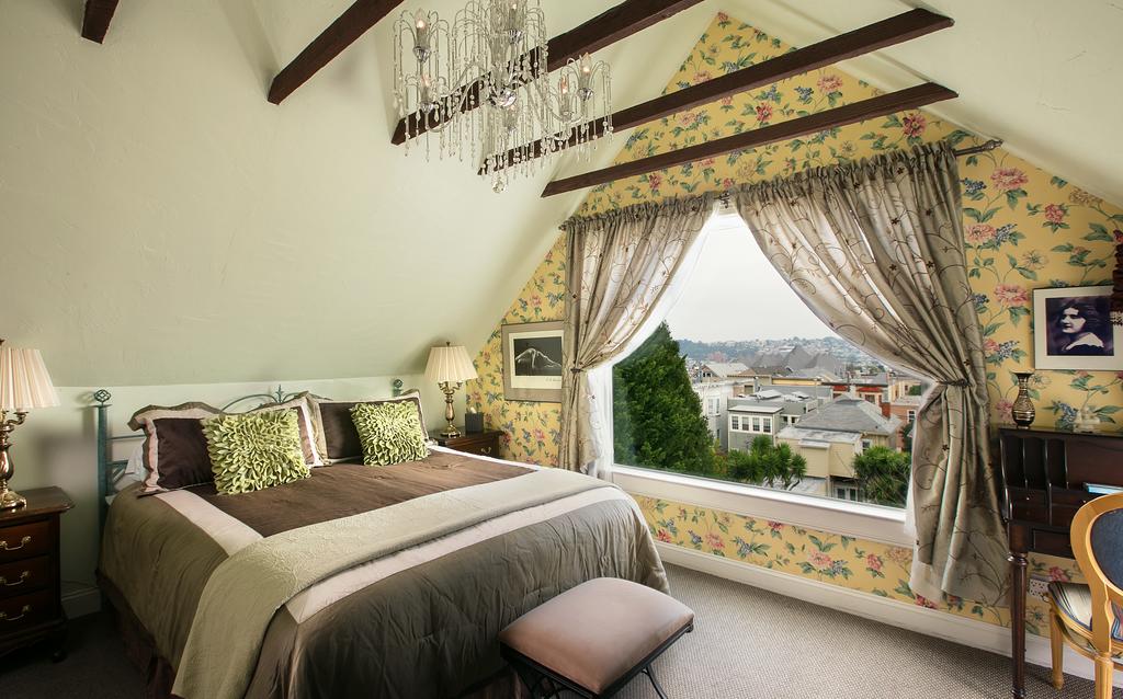 Photo of guest room at Noe's Nest B&B in San Francisco. Room has exposed wooden trusses and Victorian decor. Close to Haight-Ashbury one of the best places to stay in San Francisco.
