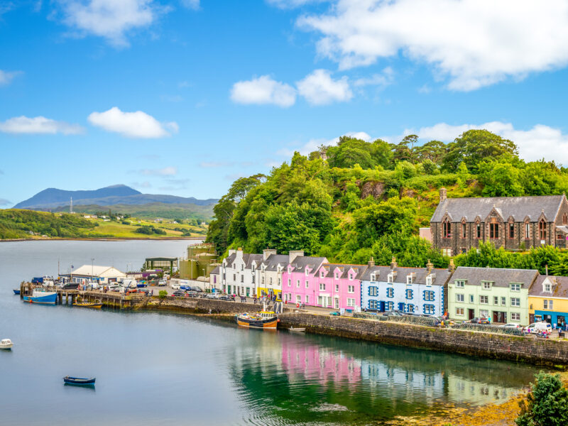 The colorful harbor in Portree Scotland