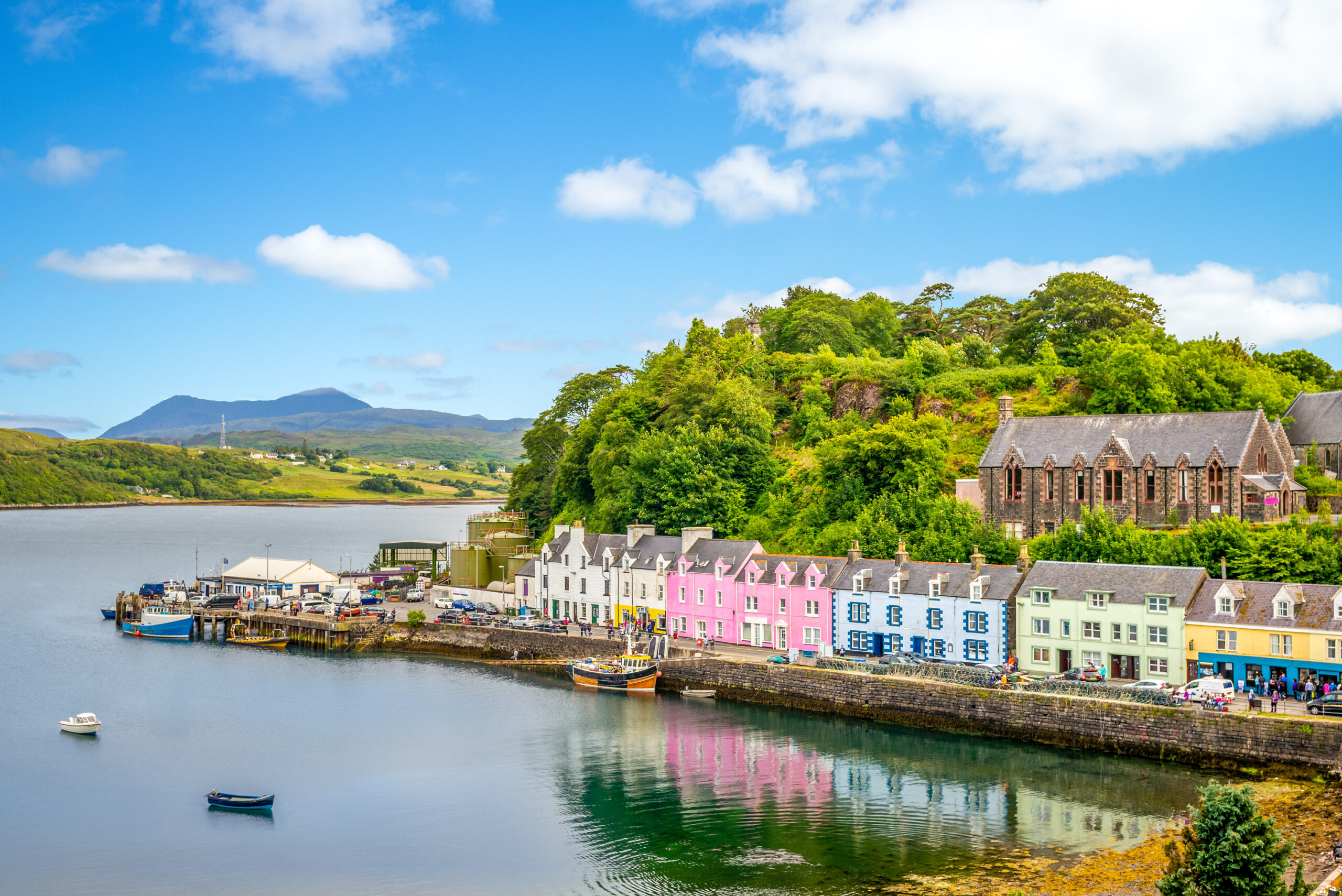 View of the colorful harbor of Portree