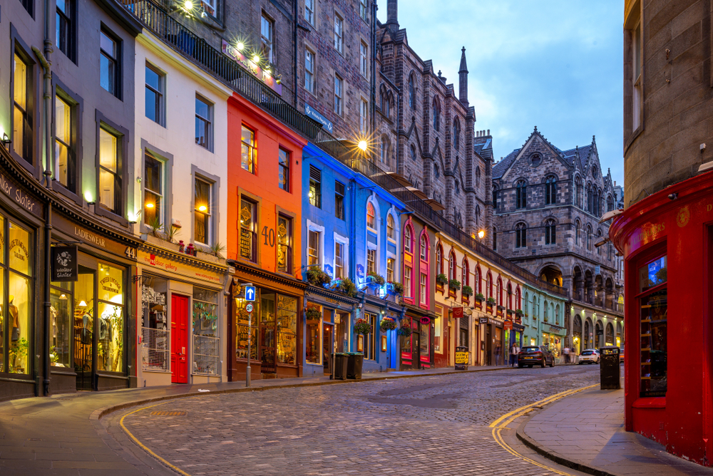 A well lit street in Edinburgh, one of the best places to see in Scotland