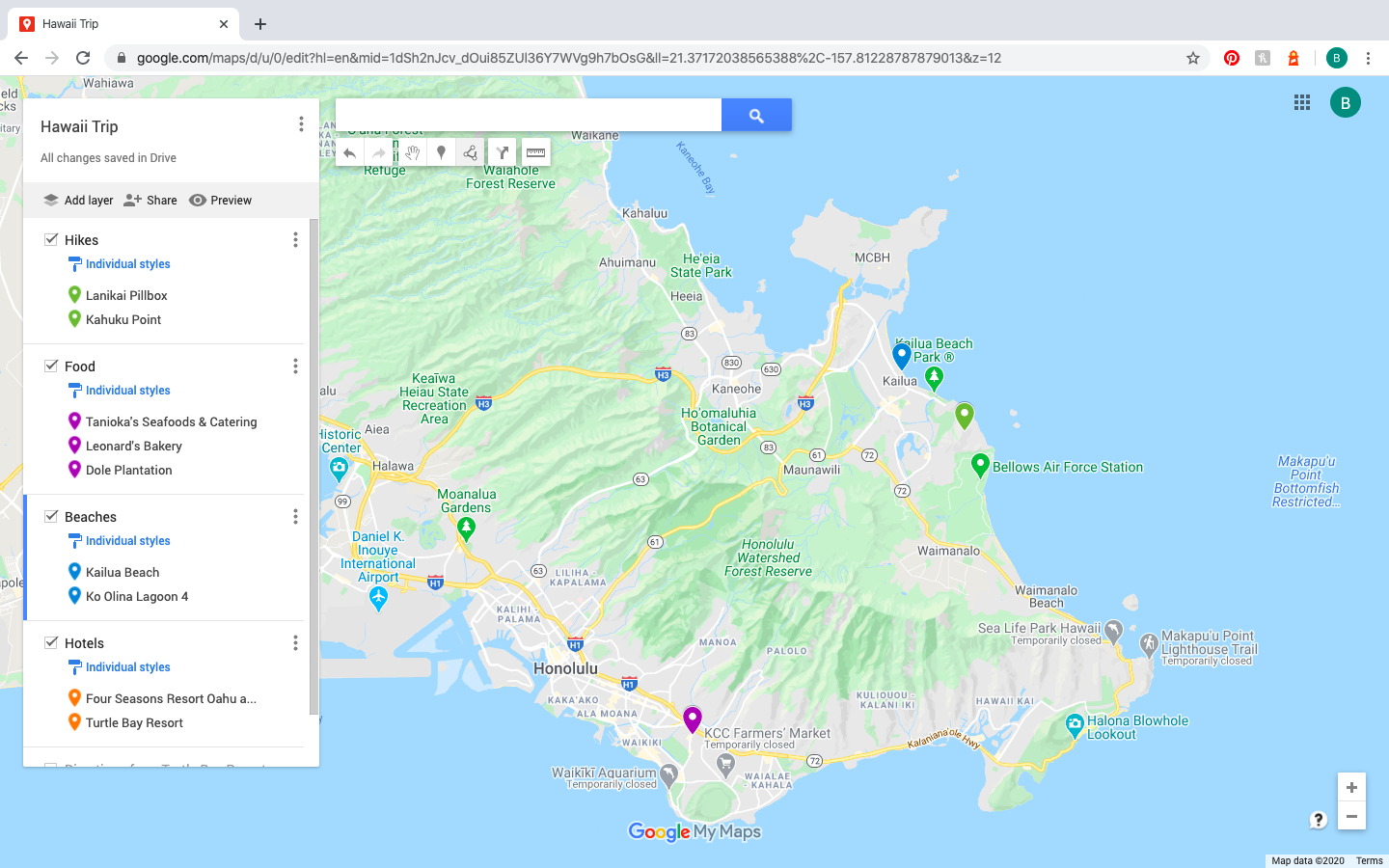 cluster of pins on Google Maps Trip Planner