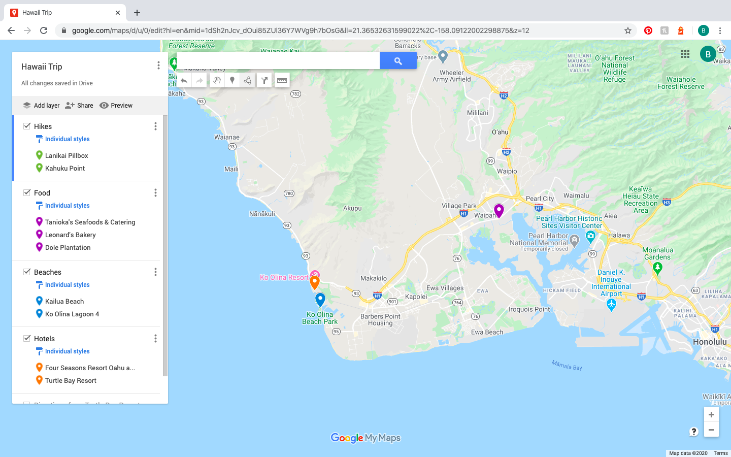 cluster of pins from Google Maps Trip Planner