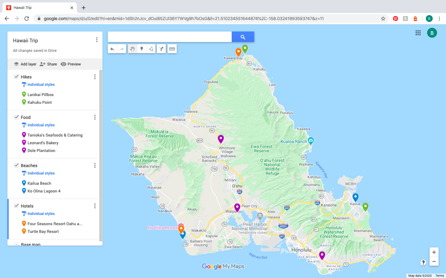 color coded pins on Google Maps Trip Planner