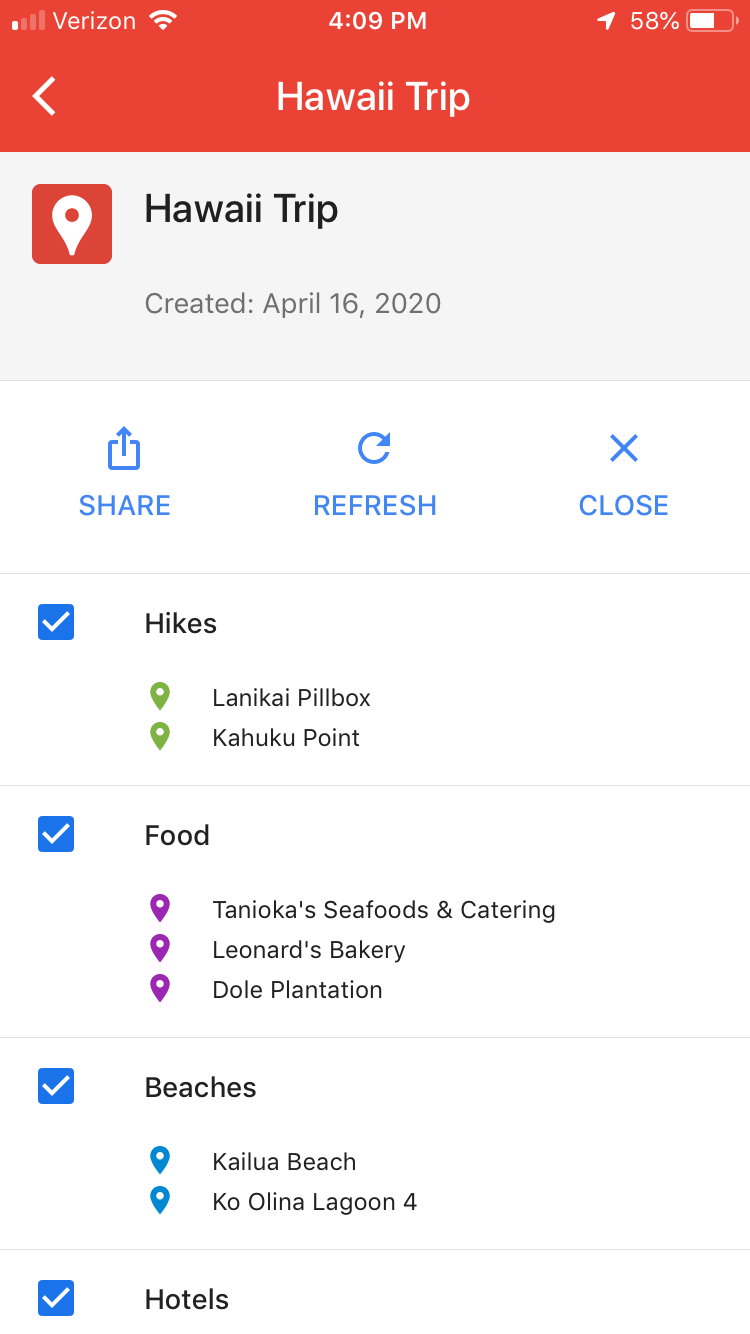 list of pins on mobile Google Maps