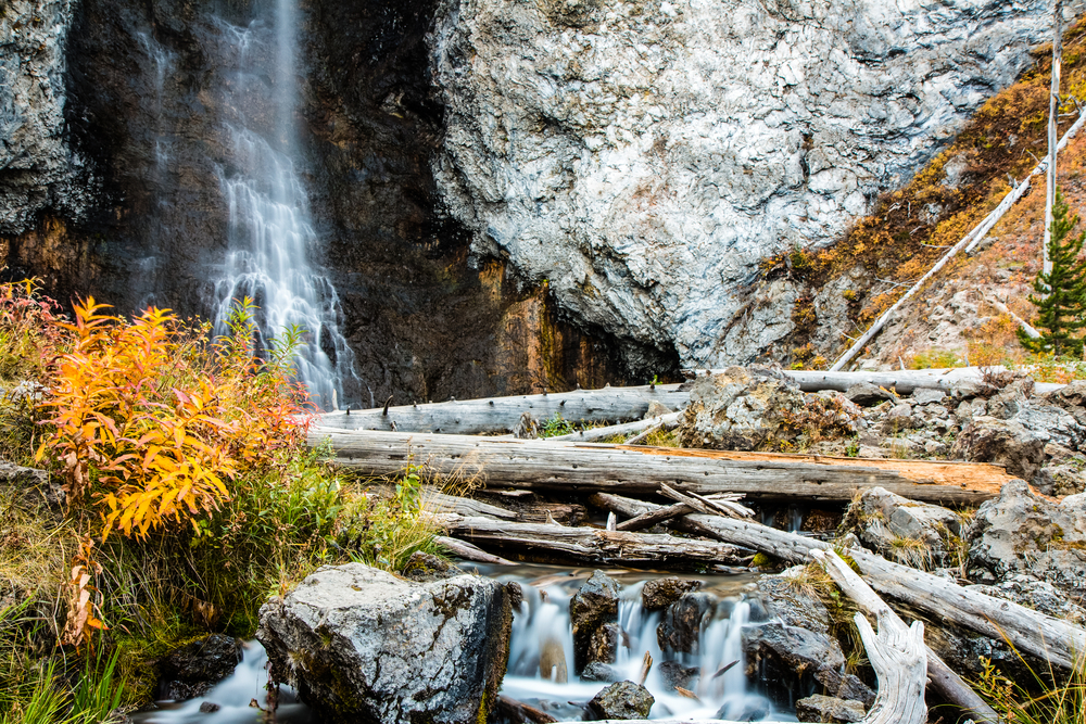 Photo of beautiful Fairy Falls for your Yellowstone road trip.