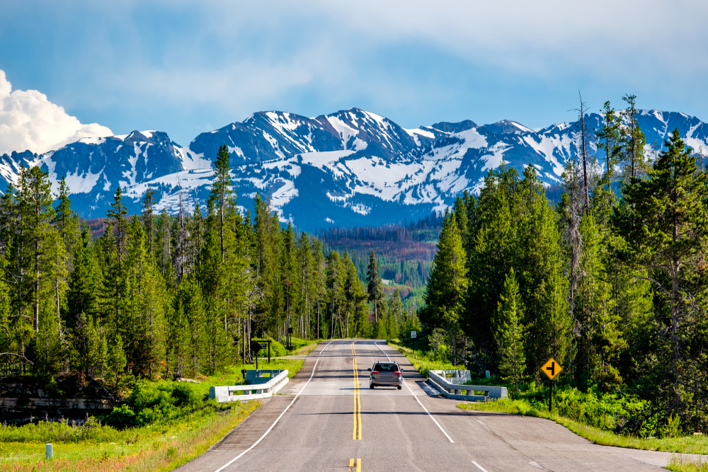 Photo of car driving in Yellowstone.