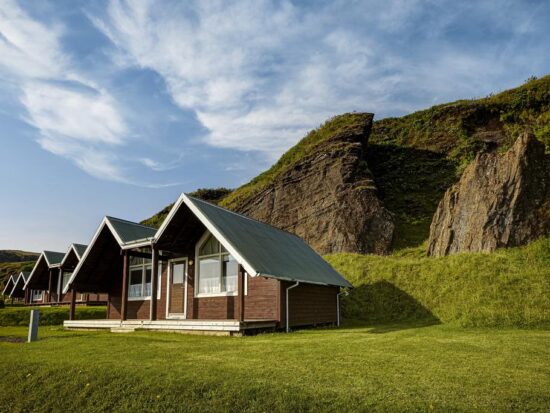Photo of a few cottages at Vik Cottages located in Vik Iceland. One of the more private hotels in Vik.