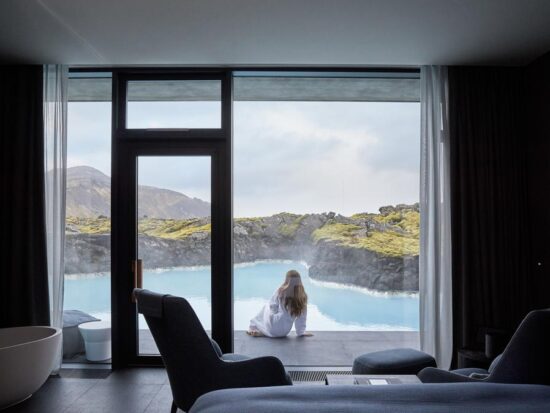 Photo of guest room at the Retreat at Blue Lagoon located in Iceland. One of the unique luxury hotels in Iceland surrounded by a lagoon.