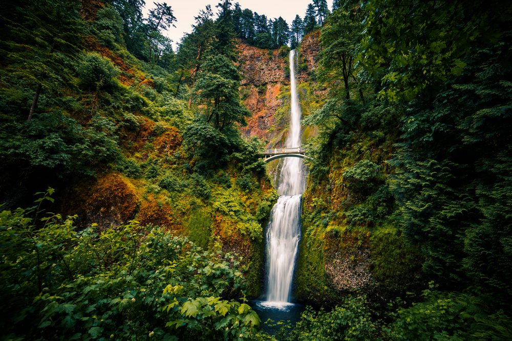 The tall Multnomah Falls in Oregon with a bridge.