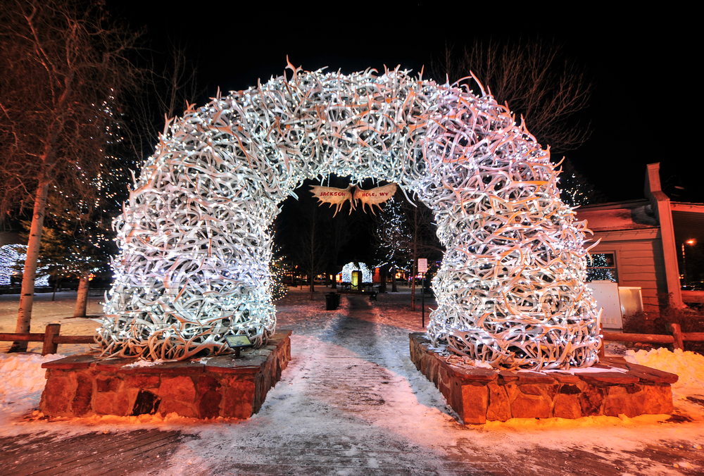 A lit up antler arch in Jackson Hole, Wyoming.