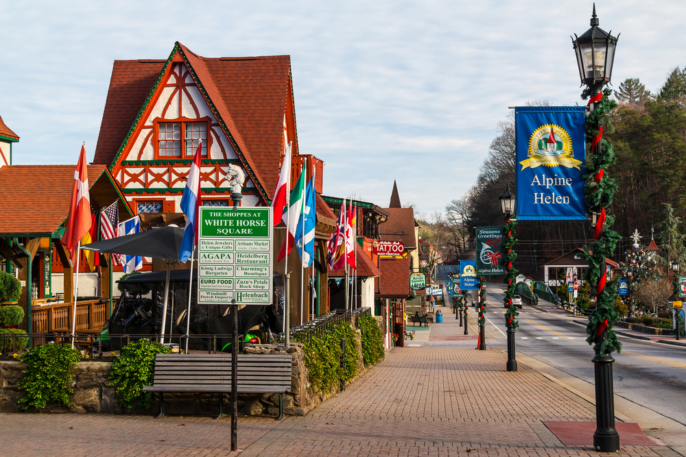 Helen, Georgia during the day with wreaths on the lamp posts.