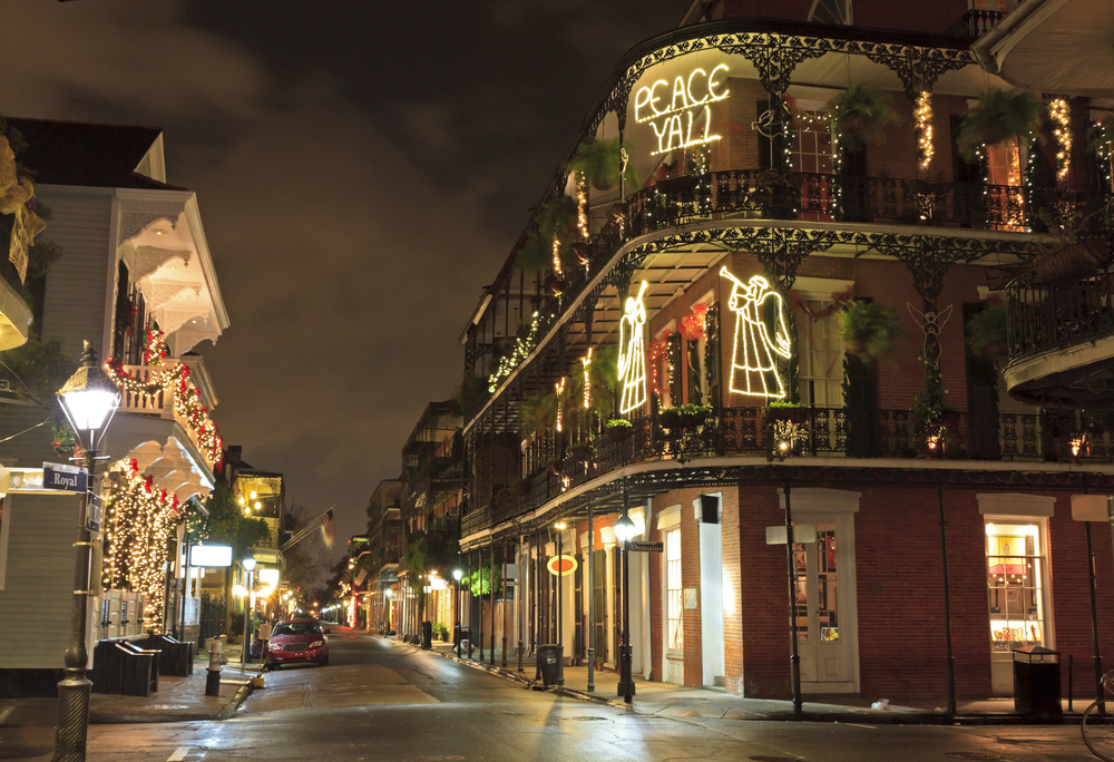 A pretty street in New Orleans with Christmas lights.