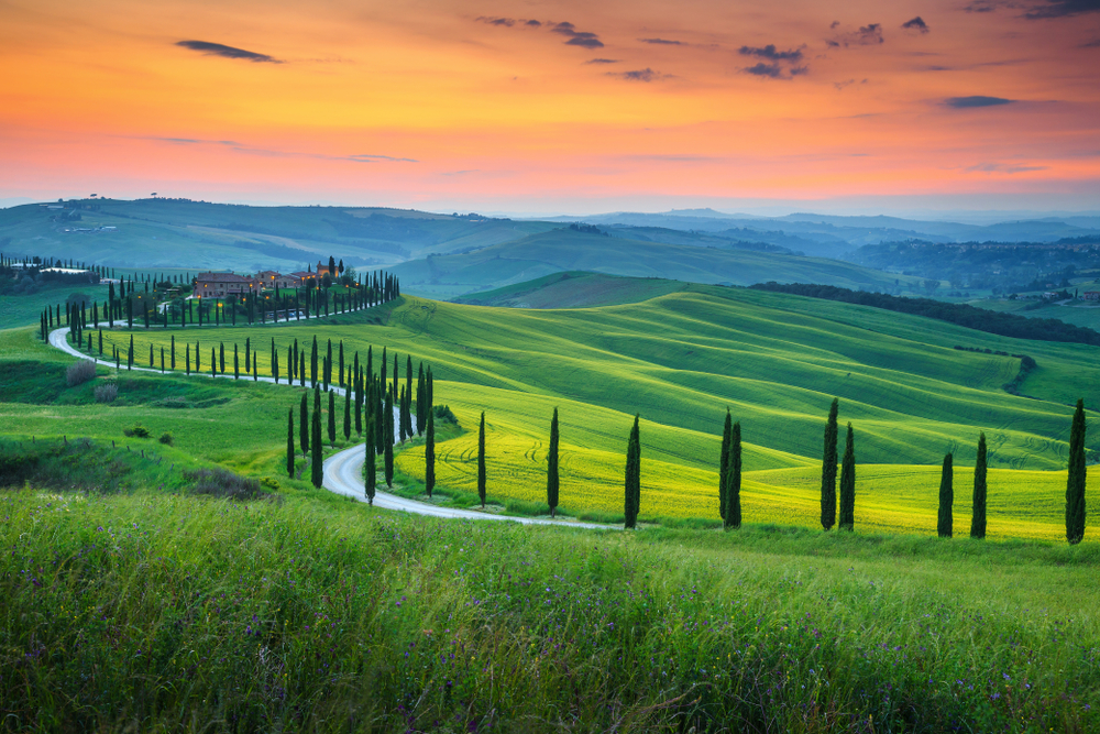 sunset in Tuscany on the best European road trip