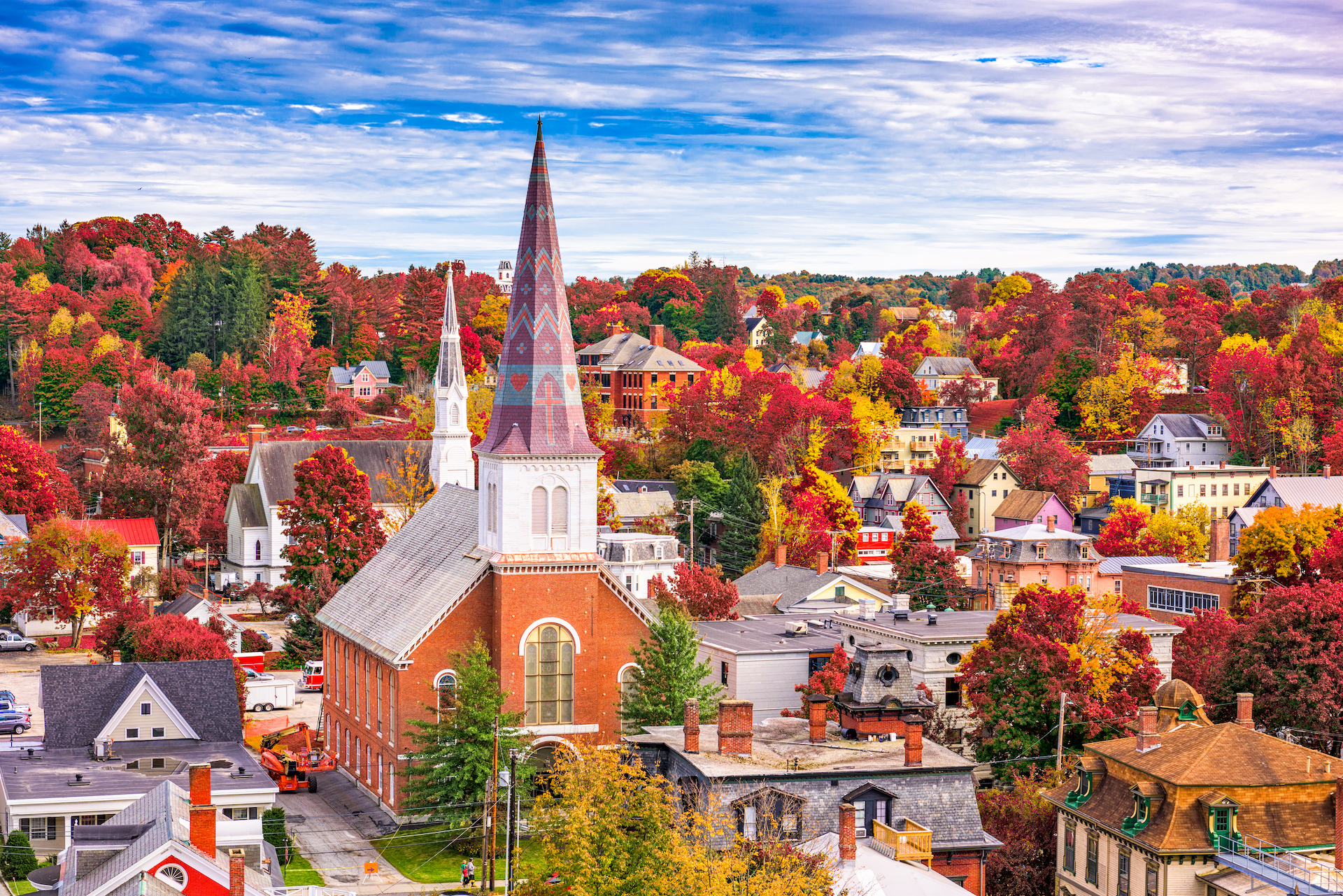 aerial view of red roofed buildings and trees with fall leaves