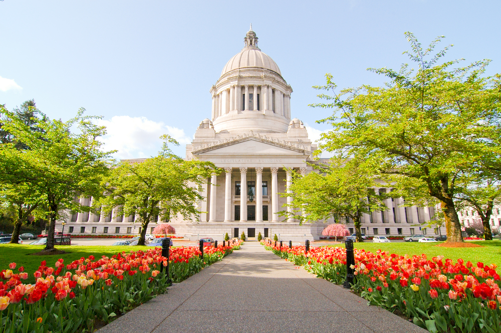 Path leading to the State Capitol building with colorful tulips and green trees.