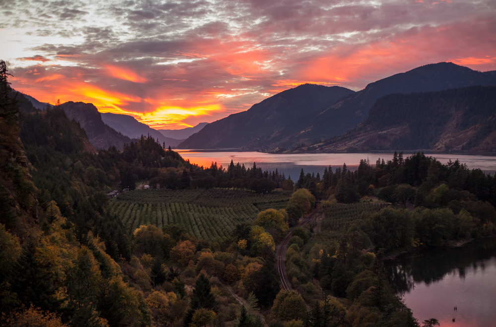 Vivid sunset over the Columbia River Gorge in Washington.