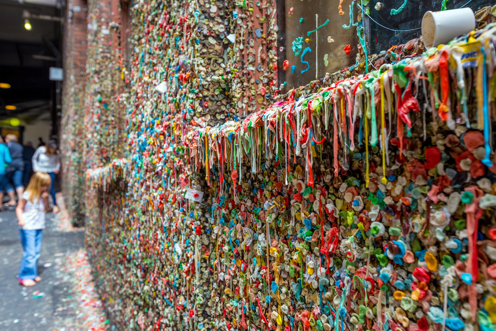 Close up of colorful, dried gum on the Gum Wall.