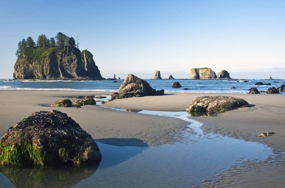 Multiple sea stacks and rocks at Second Beach, one of the best things to do in Washington State!