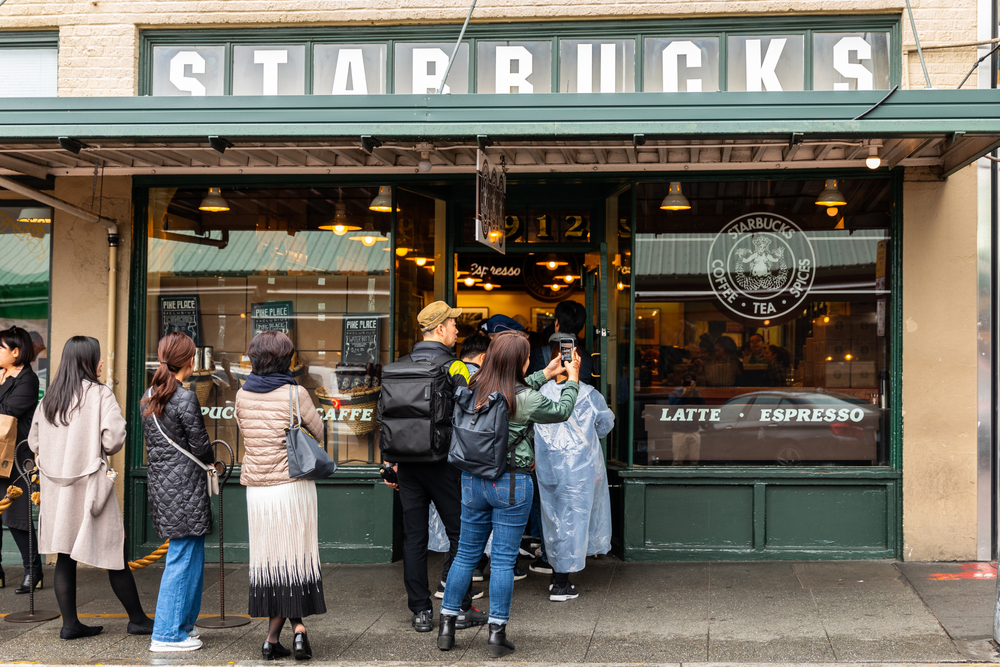 People lined up outside the first Starbucks in Seattle.