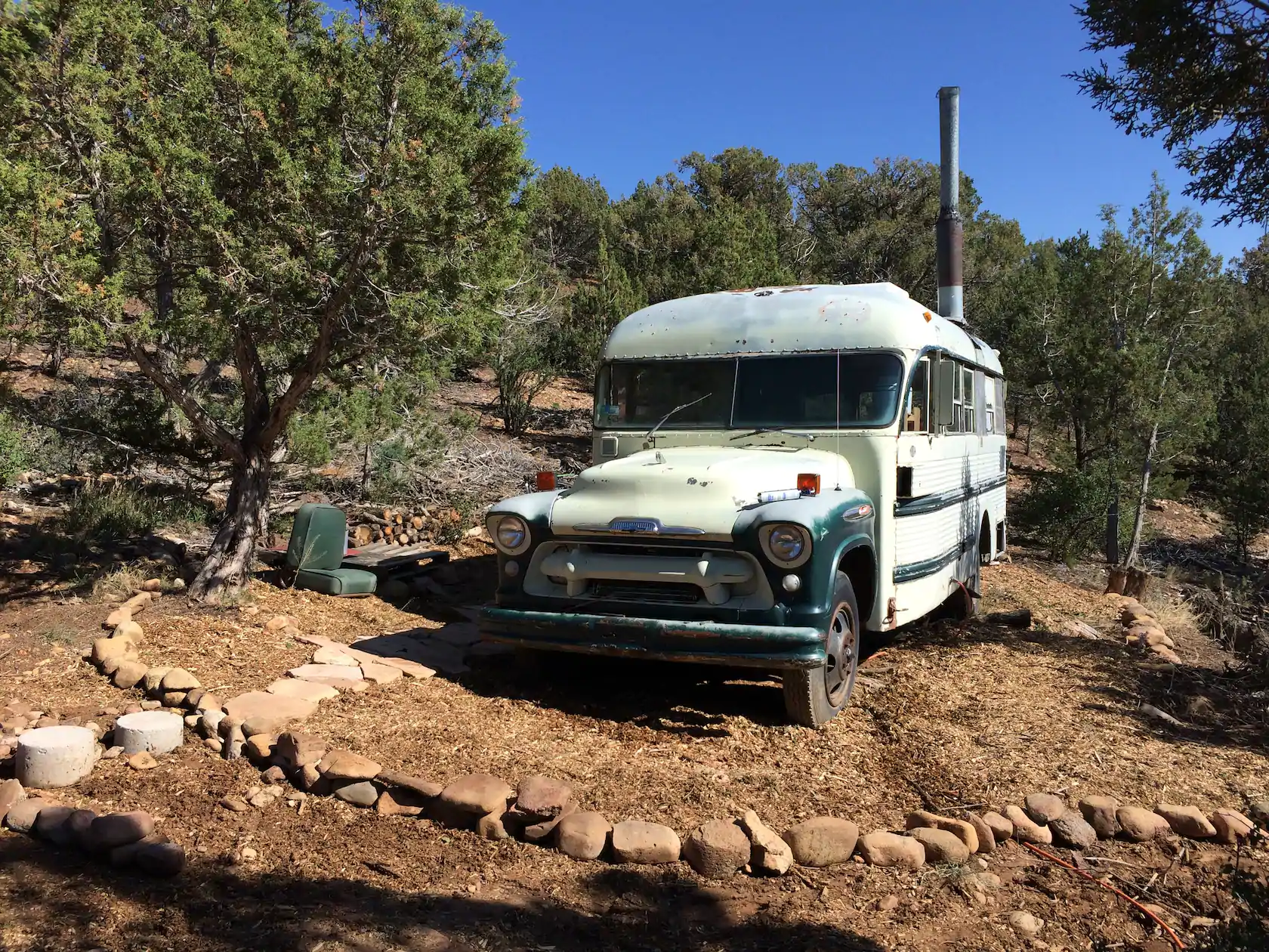 A converted bus in the mountains