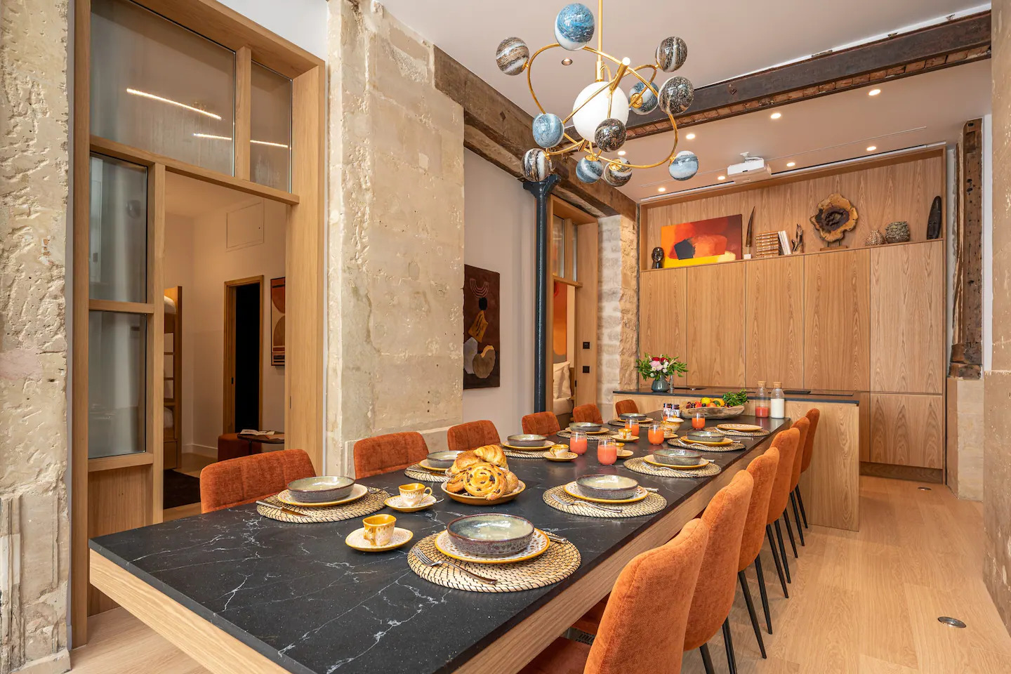 view of the tasteful and luxurious dining room of this airbnb in paris