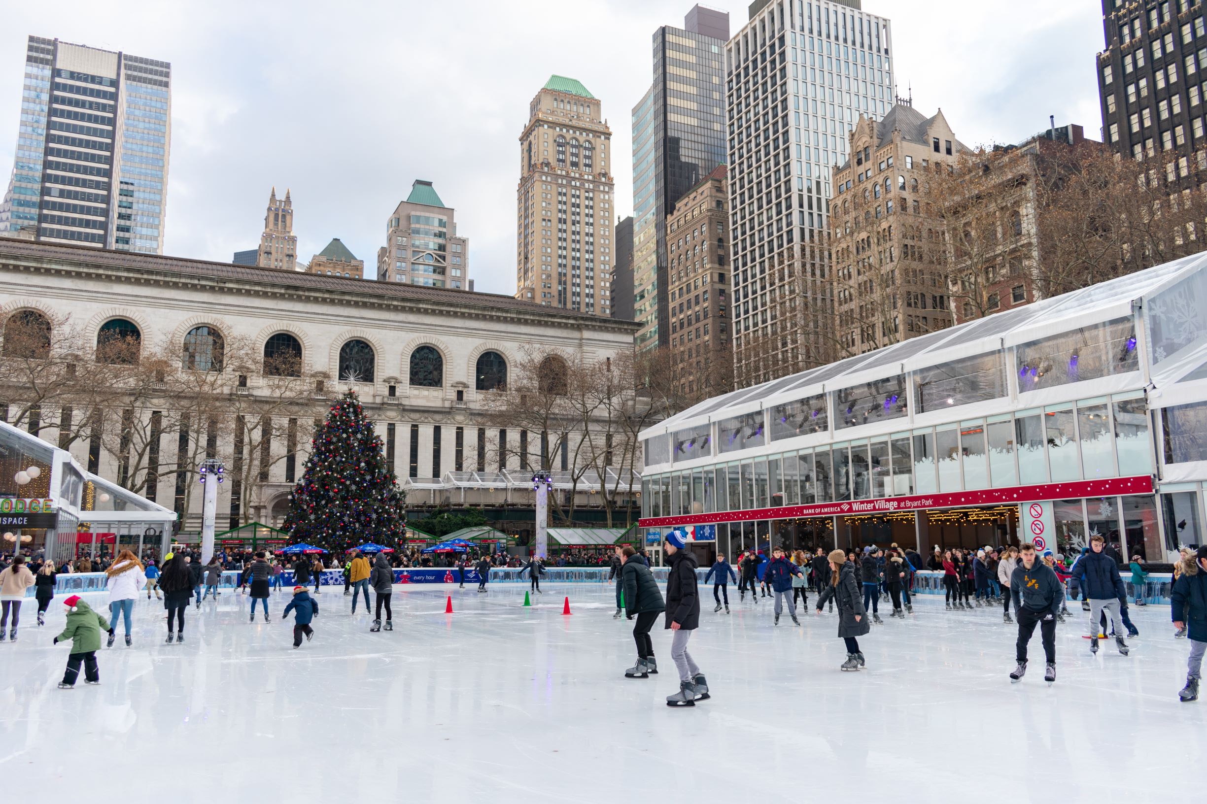 Photo of outdoor ice rink in Bryant Park, home to one of the best Christmas markets in the USA.