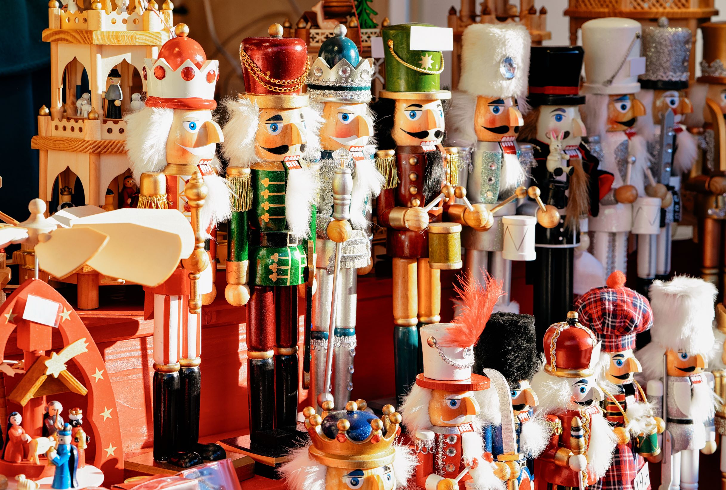 Photo of colorful Christmas nutcrackers being sold at one of the Christmas markets in the USA.