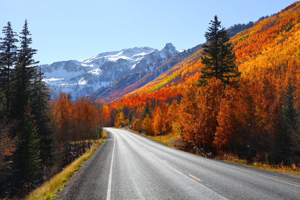 road lined with fiery orange and red leaves with mountain ahead fall in the USA