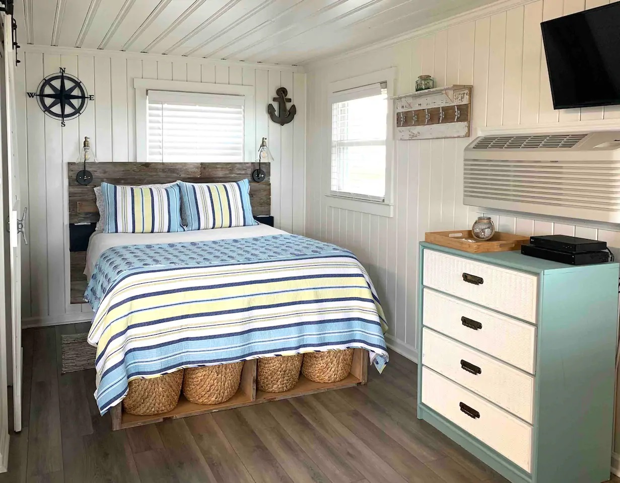 Photo of the bedroom at a Holden Beach cottage Airbnb. 