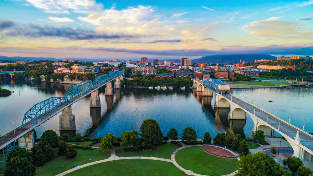 aerial view of two bridges across a river in Chattanooga