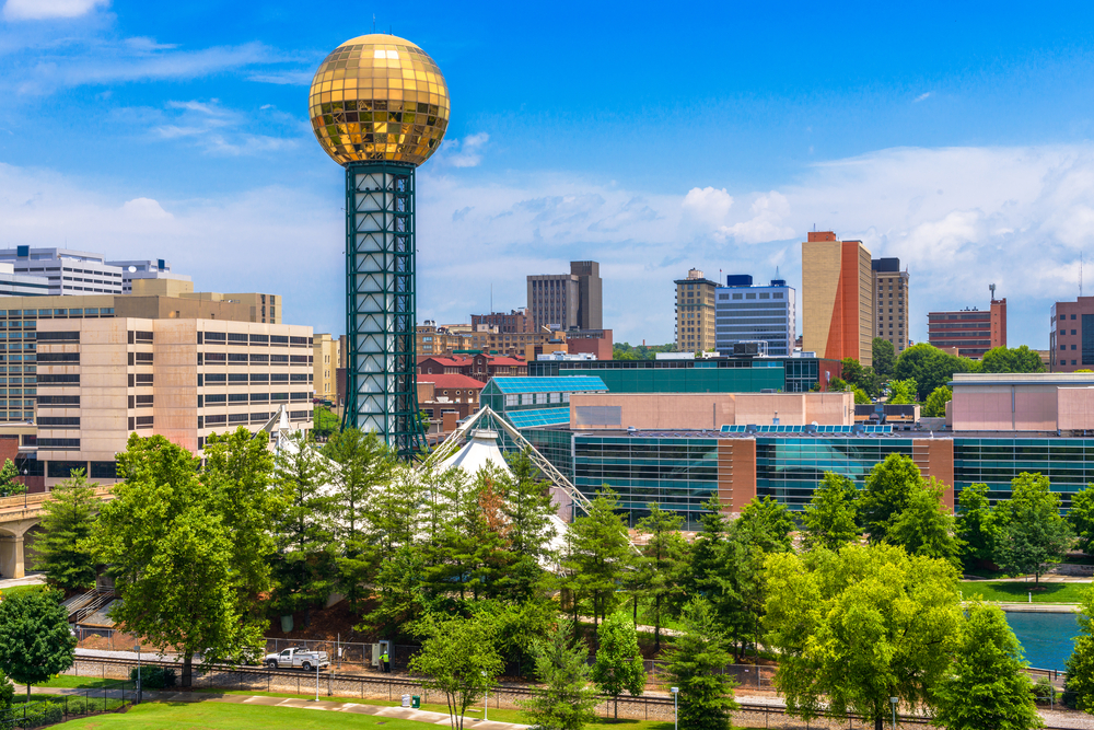 Knoxville skyline featuring iconic golden ball weekend getaways in Tennessee