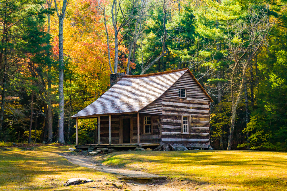 Cades cove's restored cabin in fall