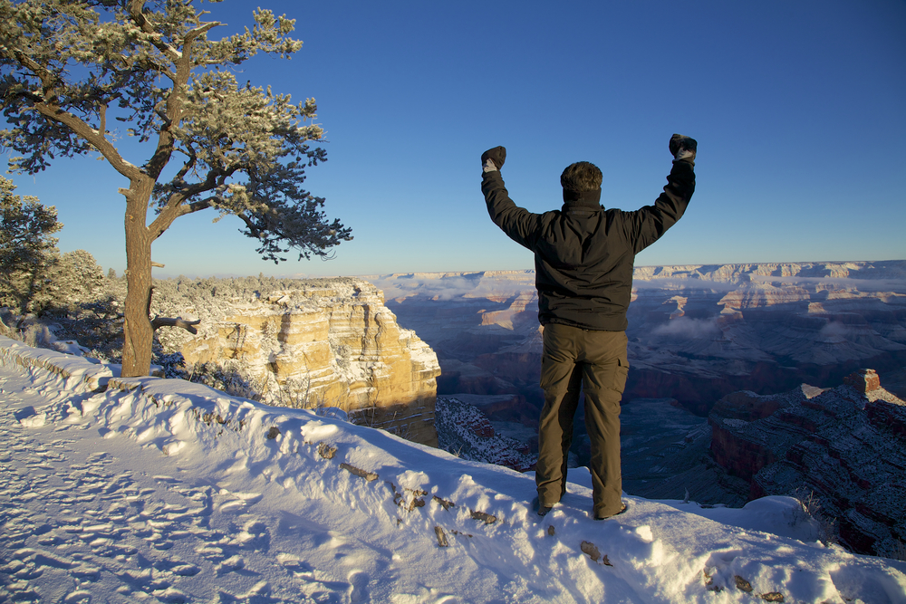 Man hiking in the Grand Canyon in Winter