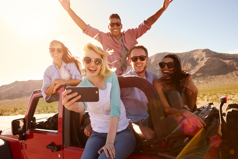 Friends take a selfie on a road trip!