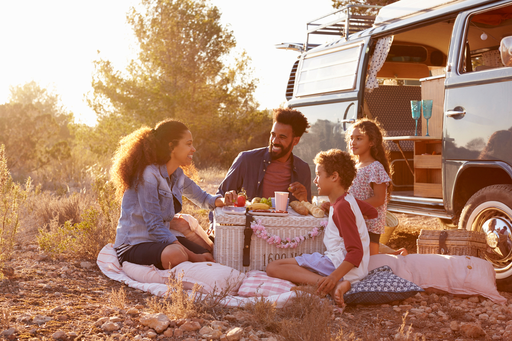 Friends and family gather around a car for a picnic