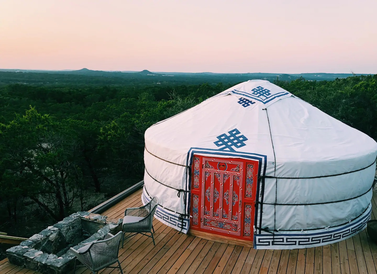 Photo of the exterior of a luxury yurt Airbnb located near New Braunfels.