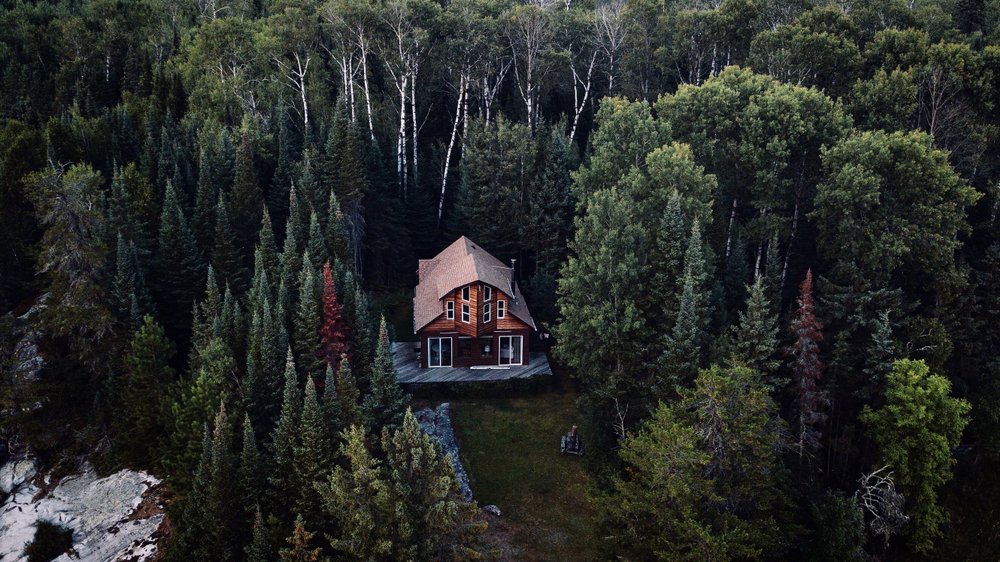 aerial view of large cabin in the trees cabins in the USA