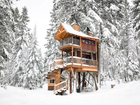 Photo of Meadowlark Treehouse during winter.