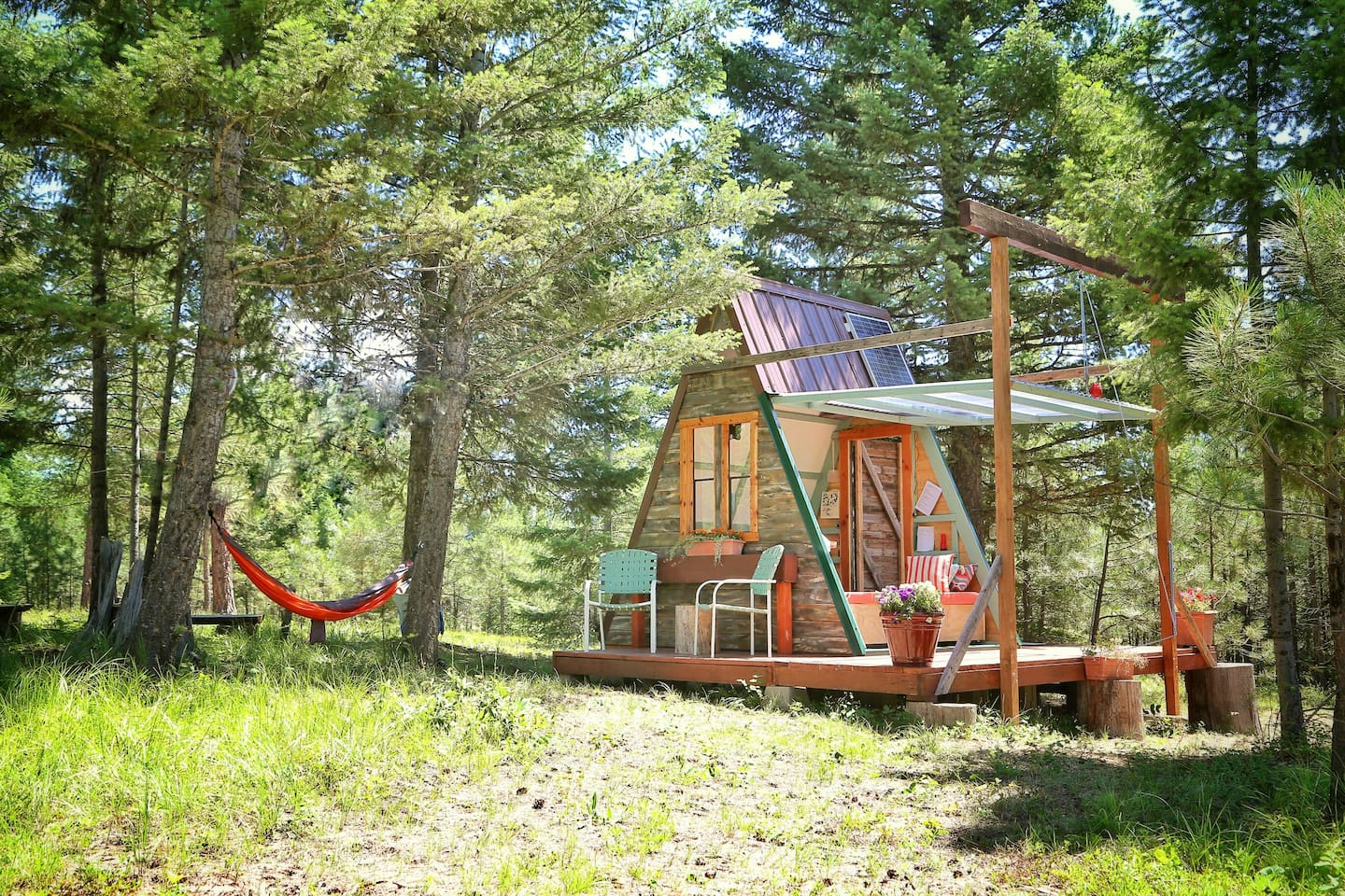 Photo of an A-Frame transforming tiny house Airbnb located in Montana.