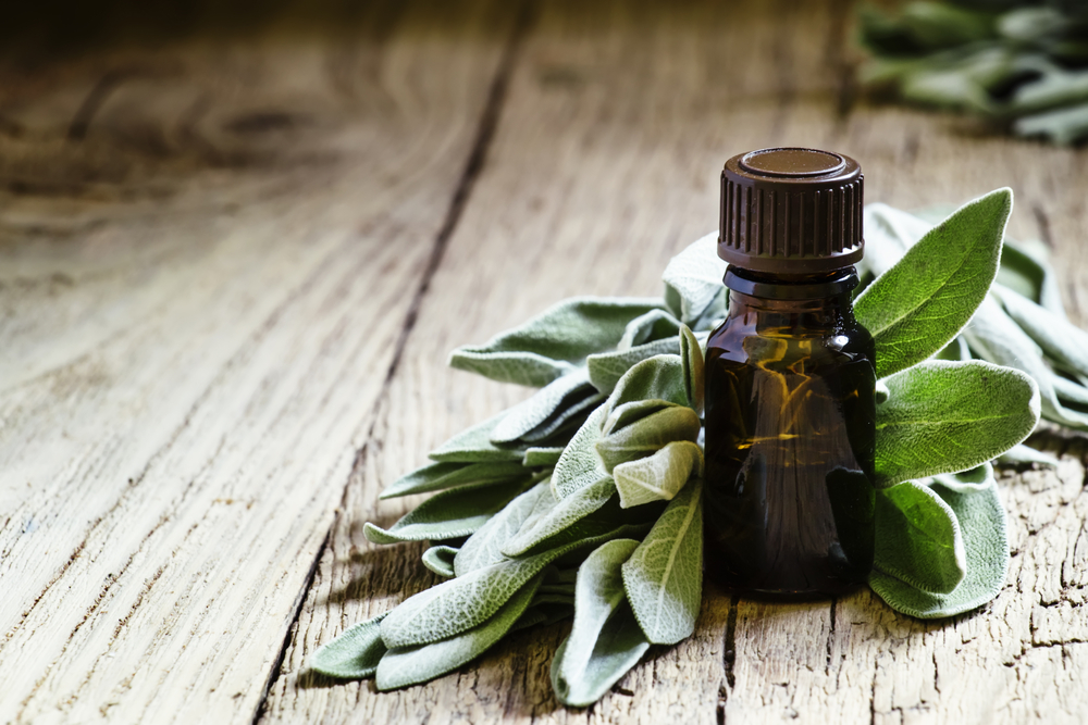 Sage on the table with an small bottle 