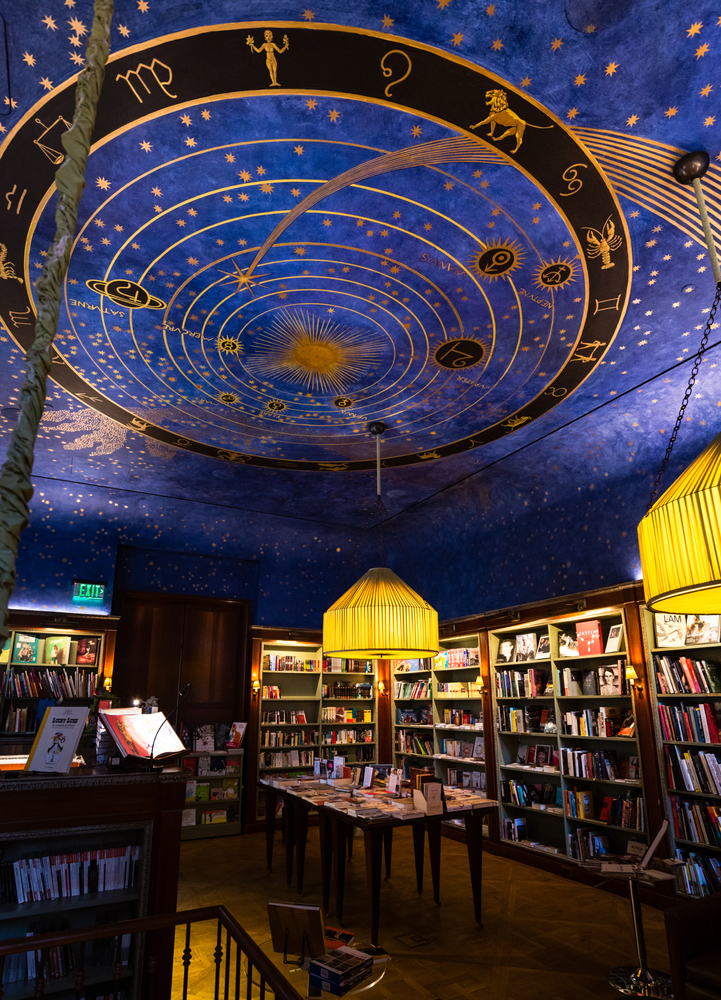 blue celestial ceiling in Albertine Books, one of the most unusual things to do in New York