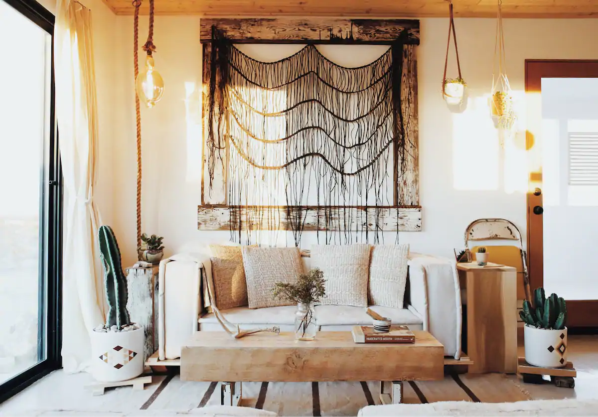 A chic, boho style living area, in soothing neutral colors... desert Shack Attack, awesome California Airbnb!
