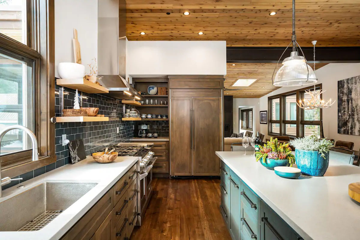 Gorgeous mountain home kitchen, with hard wood floors and ceilings.  One of the best California Airbnbs in Lake Tahoe!