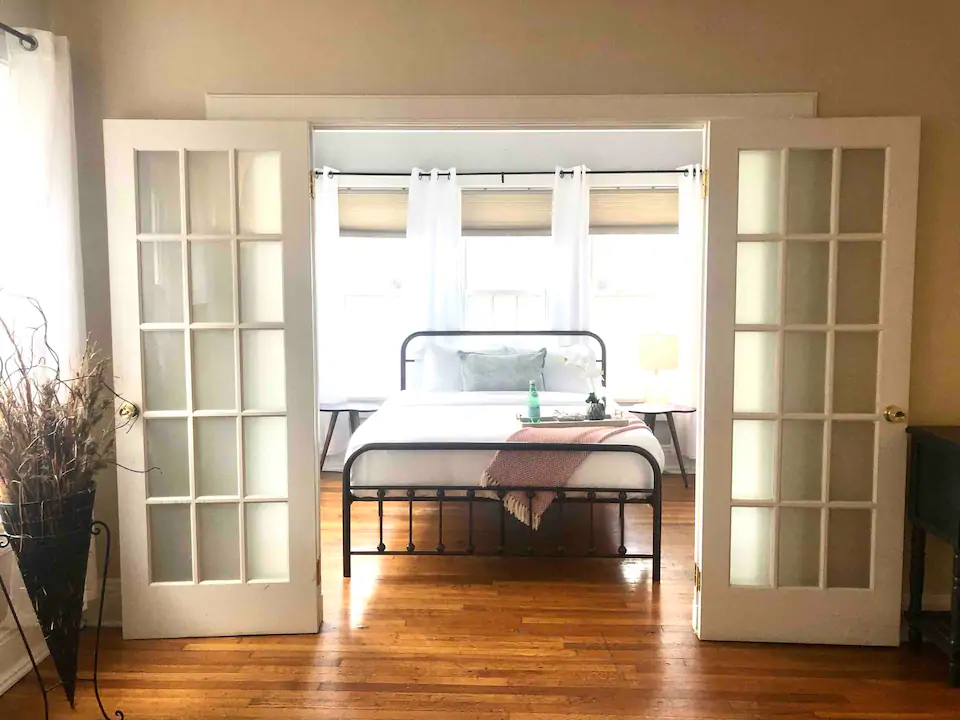 Bedroom with French doors in an Airbnb in Nashville
