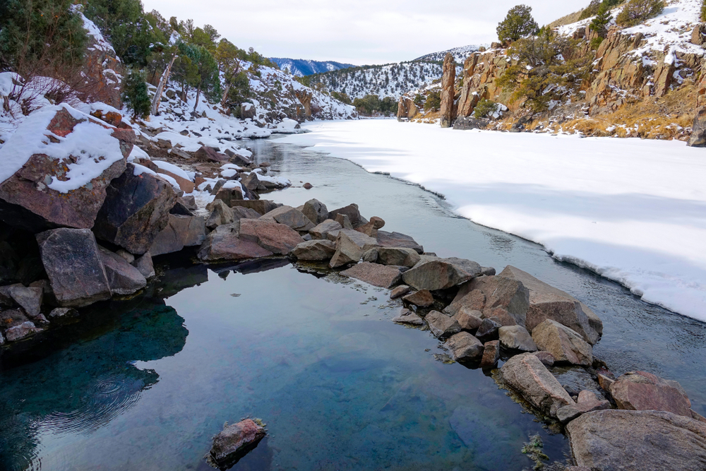 A photo of the Radium Hot Springs surrounded by snow