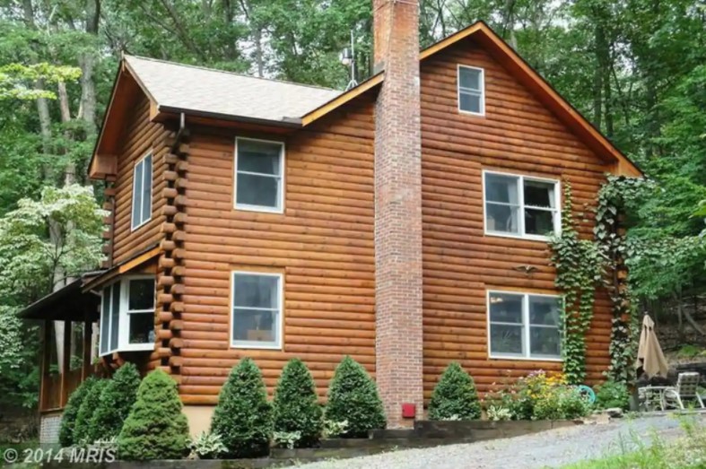 Exterior of a large log cabin