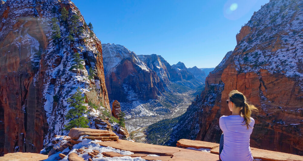 zion national park in winter overlooking Angel's Landing