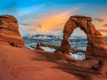 a photo of arches national park in winter, a great time to visit