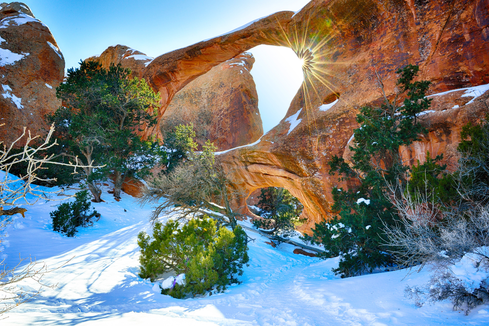 a photo of the arches in winter, a great time to go