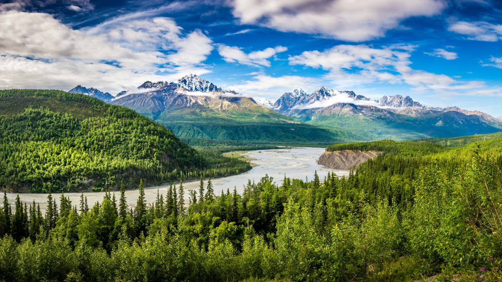 Alaska landscape with a large river surrounded by tall trees with mountains in the distance one of the best honeymoons in the usa